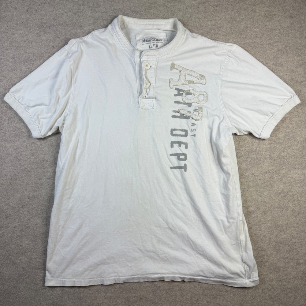 Aeropostale Mens White Short Sleeve Henley Shirt XL A87 Ath Dept Graphic Cotton